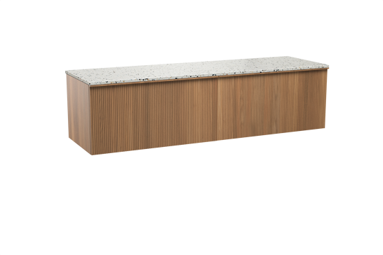 Balmani Forma hängendes Möbelstück Set: 180 x 55 cm, Teak, mit Stretto Einzel- oder Doppel Waschtischplatte, Terrazzo in Weiß/Schwarz matt, Vertikale symmetrische gerade Rippe