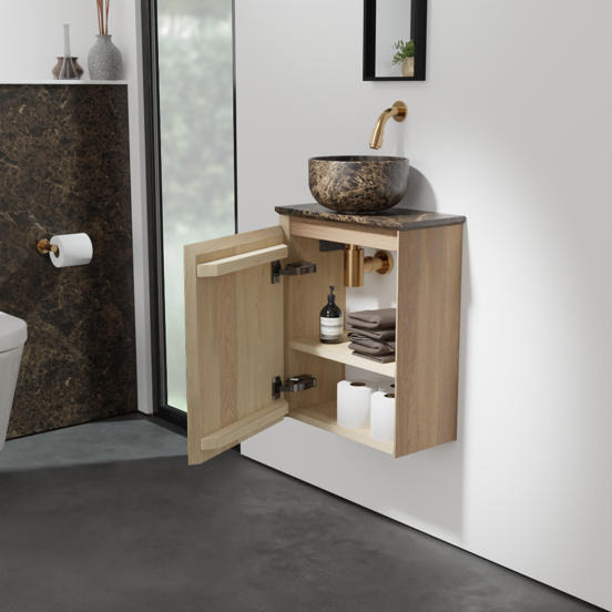 Balmani Mitra zwevend toiletmeubel 42 x 21 cm naturel eiken met Facetta wastafelblad en Bowl waskom in Dark Emperador marmer