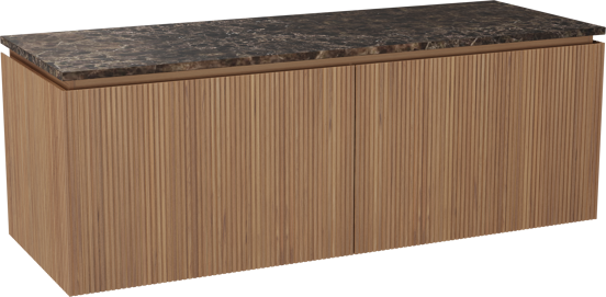 Balmani Eclips zwevend badkamermeubel 150 x 55 cm Teak met Stretto enkel of dubbel tablet in Dark Emperador marmer, Verticale symmetrische rechte ribbel