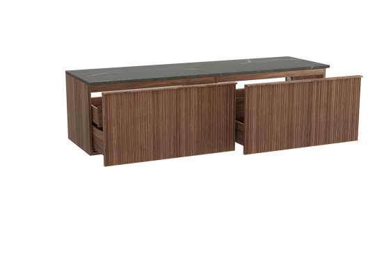 Balmani Forma hängendes Möbelstück Set: 180 x 55 cm, Amerikanischer Nussbaum, mit Stretto Einzel- oder Doppel Waschtischplatte, Marmor, Pietra Grey, Vertikale asymmetrische Runde Rippe