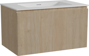 Storke Ribs zwevend badmeubel 85 x 52 cm ruw eiken met Mata enkele wastafel in solid surface mat wit, Verticale symmetrische rechte ribbel