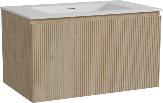 Storke Ribs zwevend badkamermeubel 85 x 52 cm ruwe eik met Mata enkele wastafel in solid surface mat wit, Verticale symmetrische rechte ribbel