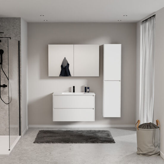 Storke Seda zwevend badkamermeubel 95 x 52 cm mat wit met Mata enkele wastafel in solid surface mat wit