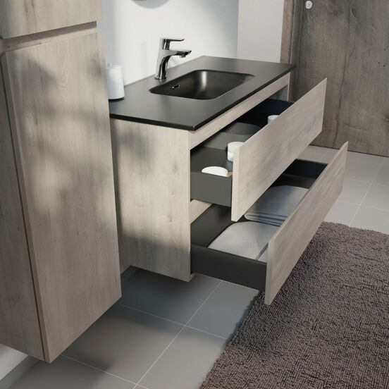 Linie Lado meuble salle de bains suspendu 100 x 46 cm chêne gris avec Baro plan simple en porcelaine noir mat