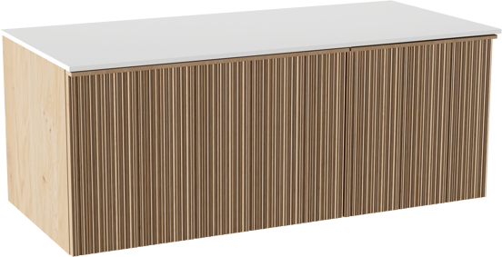 Balmani Forma hängendes Möbelstück Set: 120 x 55 cm, Naturbelassene Eiche, mit Stretto Einzel- oder Doppel Waschtischplatte, Solid Surface, Weiß matt, Vertikale asymmetrische Runde Rippe