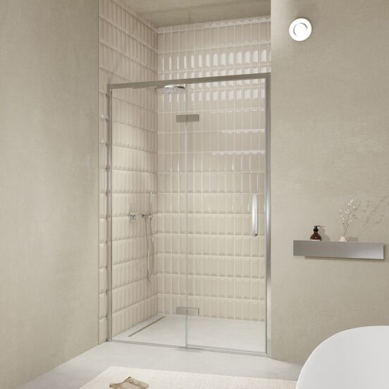 Balmani Senses Design porte pivotante à gauche 140 cm x 210 cm verre transparent, Profil chrome, coating inclus