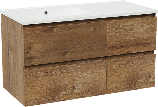 Linie Lado zwevend badmeubel 100 x 46 cm bruin eiken met Vano asymmetrisch linkse wastafel in composietmarmer hoogglans wit