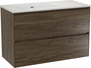 Balmani Mitra Compact zwevend badkamermeubel 100 x 46 cm Amerikaanse notelaar met Nostra asymmetrisch linkse wastafel in porselein mat wit