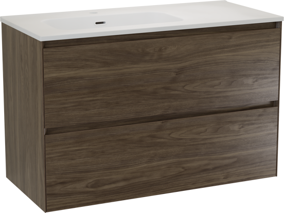 Balmani Mitra Compact zwevend badkamermeubel 100 x 46 cm Amerikaanse notelaar met Nostra asymmetrisch linkse wastafel in porselein mat wit