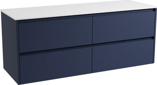 Storke Seda meuble salle de bains suspendu 150 x 52 cm bleu nuit avec Tavola tablette simple ou double en solid surface blanc mat