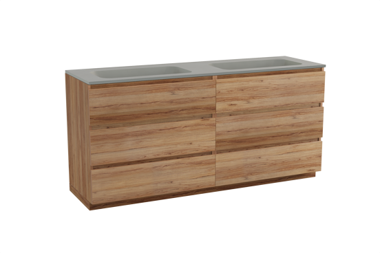 Balmani Lucida staand badkamermeubel 180 x 55 cm teak met Tablo Strada dubbele wastafel in composietmarmer zijdegrijs
