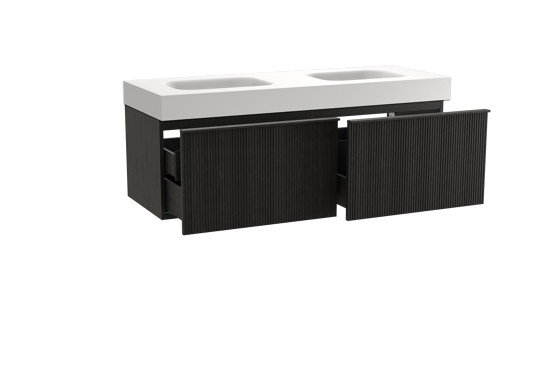 Balmani Forma zwevend badkamermeubel 150 x 55 cm zwarte eik met Arcato dubbele wastafel in solid surface mat wit, Verticale symmetrische rechte ribbel
