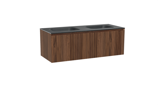 Balmani Idra zwevend badkamermeubel 135 x 55 cm notelaar met Tablo Arcato dubbele wastafel in graniet zwart
