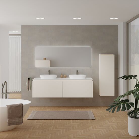 Balmani Eclips meuble salle de bains suspendu 180 x 55 cm Sandbeige avec Eclips tablette simple ou double en Solid Surface blanc mat