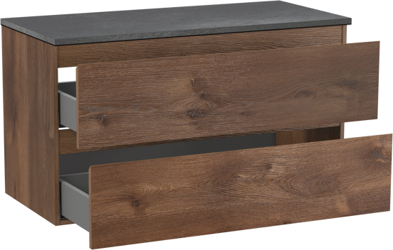 Linie Lado meuble salle de bains suspendu 100 x 46 cm chêne brun avec Lado tablette simple ou double en mélaminé ardoise gris