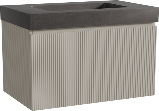 Storke Ribs zwevend badkamermeubel 85 x 52 cm zijdegrijs met Scuro High enkele wastafel in kwarts mat zwart, Verticale symmetrische rechte ribbel