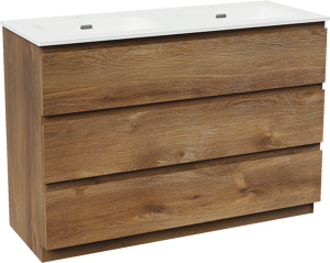 Linie Lado staand badkamermeubel 120 x 46 cm bruine eik met Baro dubbele wastafel in porselein mat wit
