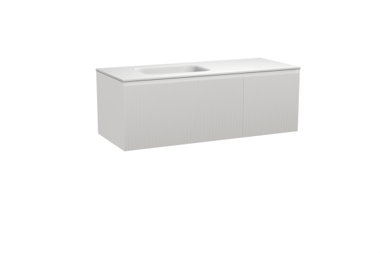 Balmani Fila hängendes Möbelstück Set: 135 x 55 cm, Weiß matt, mit Tablo Arcato Waschtisch links, Solid Surface, Weiß matt, Vertikale symmetrische gerade Rippe