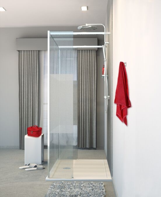 Balmani Modular inloopdouche met vrijstaande wand en vast paneel 140 x 200 cm helder glas met matte strook glanzend chroom profiel