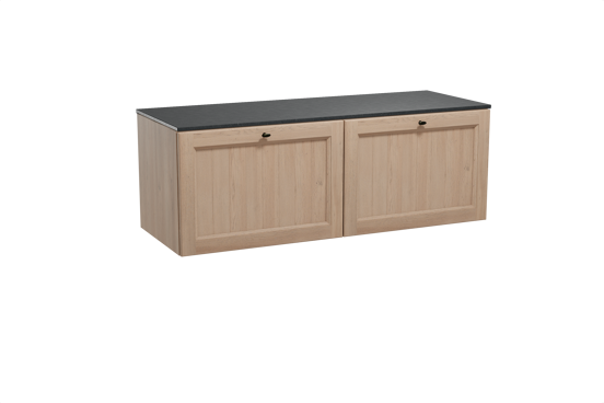 Balmani Lemon zwevend badkamermeubel 150 x 55 cm verweerde eik met Stretto enkel of dubbel tablet in graniet zwart