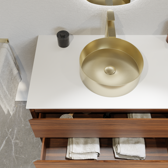 Balmani Mitra zwevend badkamermeubel 120 x 55 cm notelaar met Stretto enkel of dubbel tablet in solid surface mat wit