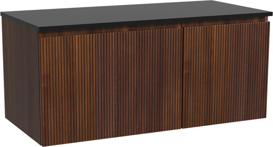 Storke Ribs zwevend badmeubel 110 x 52 cm notenhout met Panton enkel wastafelblad in gepoedercoate mdf mat zwart, Verticale symmetrische rechte ribbel