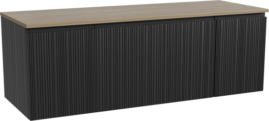 Storke Ribs zwevend badkamermeubel 145 x 52 cm zwarte eik met Panton enkel of dubbel tablet in melamine ruwe eik, Verticale asymmetrische rechte ribbel
