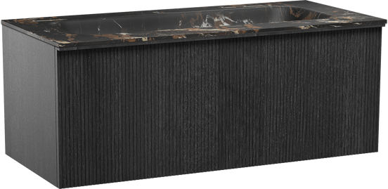 Balmani Forma zwevend badkamermeubel 120 x 55 cm zwarte eik met Tablo Arcato enkele wastafel voor 2 kraangaten in marmer portoro gold, Verticale symmetrische rechte ribbel