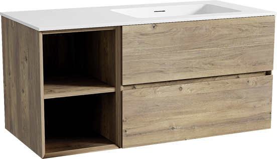 Storke Edge zwevend badmeubel 110 x 52 cm ruw eiken met Mata asymmetrisch rechtse wastafel in solid surface mat wit