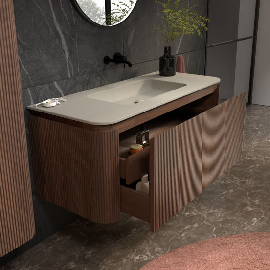 Balmani Moon hängendes Möbelstück Set: 130 x 55 cm, Amerikanischer Nussbaum, mit Moon Einzelwaschtisch, Top Solid, Seidengrau, Vertikale symmetrische gerade Rippe