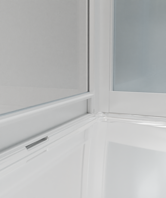 Luca Varess Talan cabine de douche avec portes coulissantes 90 x 90 cm verre transparent avec bande mate rayée profil blanc brillant
