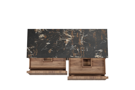 Balmani Forma hängendes Möbelstück Set: 150 x 55 cm, Amerikanischer Nussbaum, mit Stretto Einzel- oder Doppel Waschtischplatte, Marmor, Portoro Gold, Vertikale asymmetrische Runde Rippe