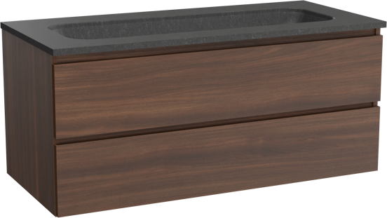 Balmani Lucida meuble salle de bains suspendu 120 x 55 cm noyer américain avec Tablo Arcato lavabo simple pour 2 trous de robinet en granit noir