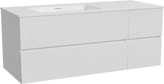 Storke Edge meuble salle de bains suspendu 130 x 52 cm blanc brillant avec Mata plan vasque asymétrique à gauche en solid surface blanc mat