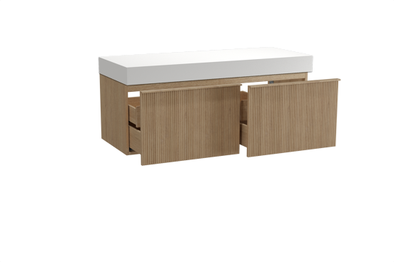 Balmani Forma zwevend badkamermeubel 135 x 55 cm natuur eik met Dominus enkel of dubbel tablet in solid surface mat wit, Verticale symmetrische rechte ribbel