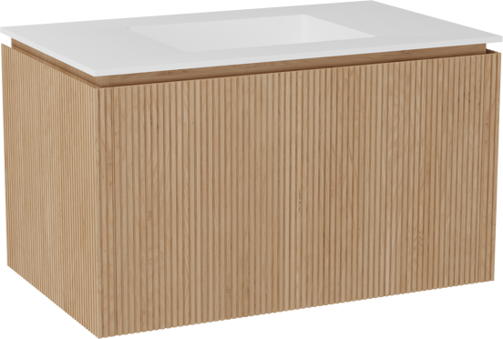 Balmani Eclips zwevend badkamermeubel 90 x 55 cm Natuur eik met Tablo Stretto enkele wastafel in Solid Surface mat wit, Verticale symmetrische rechte ribbel
