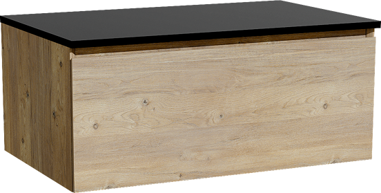 Storke Edge hängendes Möbelstück Set: 85 x 52 cm, Rohe Eiche, mit Panton Einzel Waschtischplatte, Pulverbeschichtetes MDF Schwarz matt