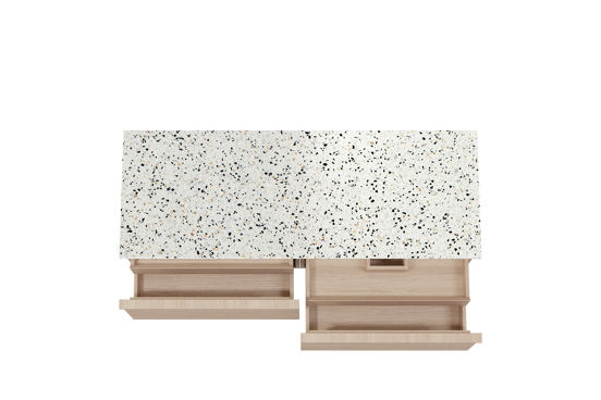 Balmani Forma hängendes Möbelstück Set: 150 x 55 cm, Naturbelassene Eiche, mit Stretto Einzel- oder Doppel Waschtischplatte, Terrazzo in Weiß/Schwarz matt, Horizontale symmetrische gerade Rippe
