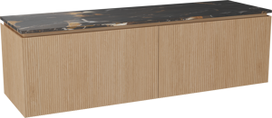 Balmani Eclips zwevend badkamermeubel 180 x 55 cm Natuur eik met Stretto enkel of dubbel tablet in Portoro Gold marmer, Verticale symmetrische rechte ribbel