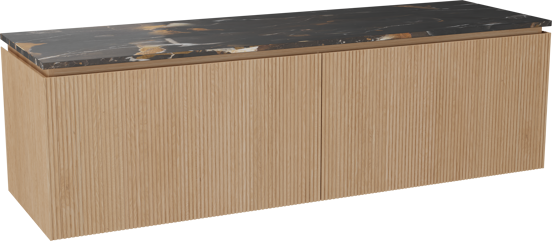 Balmani Eclips meuble salle de bains suspendu 180 x 55 cm Chêne naturelle avec Stretto tablette simple ou double en Portoro Gold marbre, Nervure droite symétrique verticale
