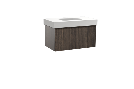 Balmani Forma hängendes Möbelstück Set: 90 x 55 cm, Geräucherte Eiche, mit Arcato Einzelwaschtisch, Solid Surface, Weiß matt, Vertikale symmetrische gerade Rippe