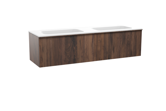 Balmani Forma meuble salle de bains suspendu 180 x 55 cm noyer américain avec Tablo Strada double vasque en marbre composite blanc mat, Nervure droite symétrique verticale