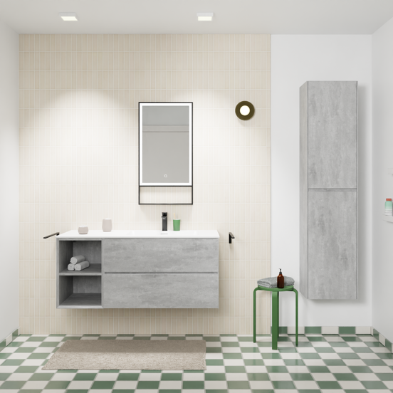 Storke Edge zwevend badmeubel 120 x 52 cm beton donkergrijs met Mata asymmetrisch rechtse wastafel in solid surface mat wit