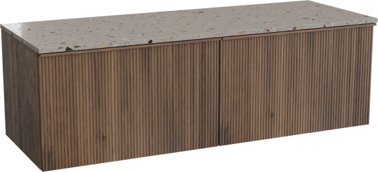 Balmani Forma zwevend badkamermeubel 150 x 55 cm amerikaanse notelaar met Stretto enkel of dubbel tablet in terrazzo greige terrazzo, Verticale symmetrische rechte ribbel