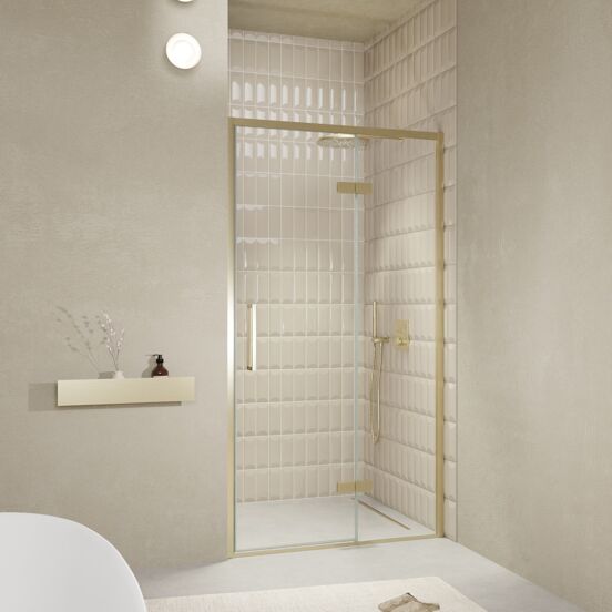 Balmani Senses Design porte pivotante à droite 120 cm x 210 cm verre transparent, Profil Brushed Champagne Gold