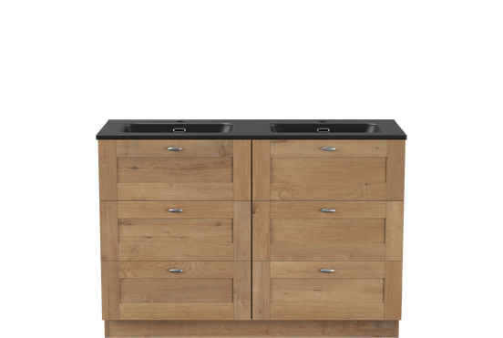Linie Classo meuble salle de bains à poser 120 x 46 cm chêne naturel avec Baro double vasque en porcelaine noir mat