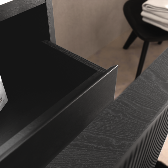 Balmani Forma hängendes Möbelstück Set: 120 x 55 cm, Schwarze Eiche, mit Tablo Arcato Einzelwaschtisch für 2 Armaturenlöcher, Solid Surface, Weiß matt, Vertikale symmetrische gerade Rippe