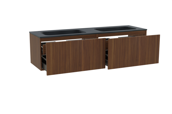 Balmani Sfera hängendes Möbelstück Set: 180 x 55 cm, Amerikanischer Nussbaum, mit Tablo Strada Doppelwaschtisch, Marmorkomposit Schwarz matt