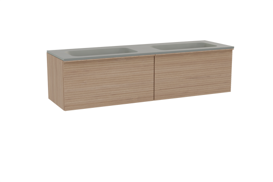 Balmani Forma zwevend badkamermeubel 180 x 55 cm natuur eik met Tablo Strada dubbele wastafel in composietmarmer zijdegrijs, Horizontale symmetrische rechte ribbel