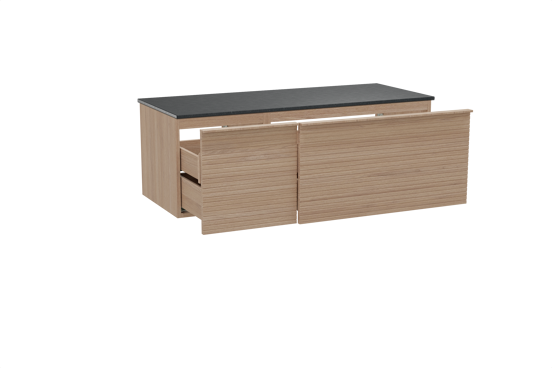 Balmani Forma zwevend badkamermeubel 135 x 55 cm natuur eik met Stretto enkel of dubbel tablet in graniet zwart, Horizontale symmetrische rechte ribbel
